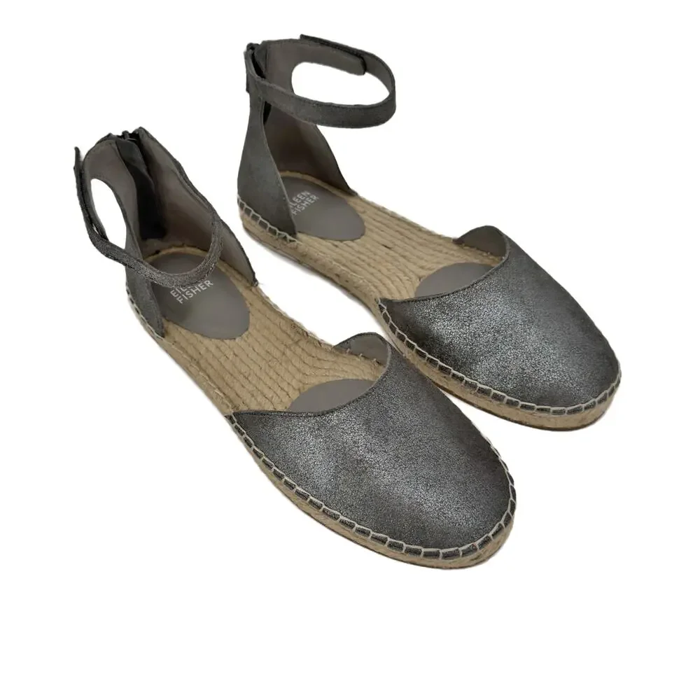 NEW Eileen Fisher Lala Espadrille Flats size 9 Gunmetal Silver Metallic Leather